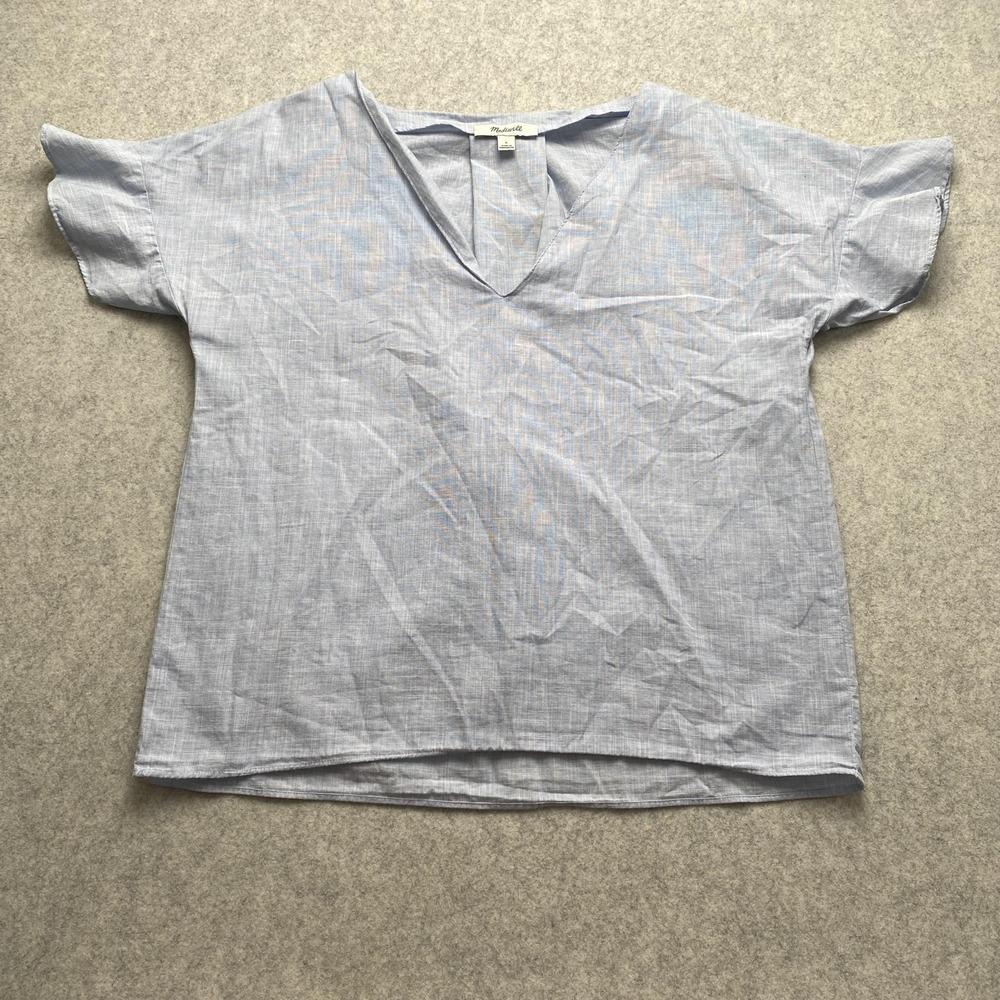 Madewell Blouse Womens Small Blue Check V Neck Short Sleeve Lightweight Top